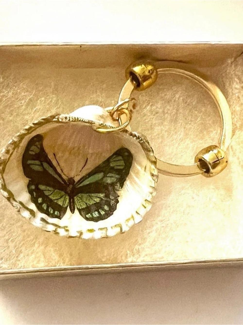 Butterfly Key Ring in Gold & Green Genuine Seashell with gift box